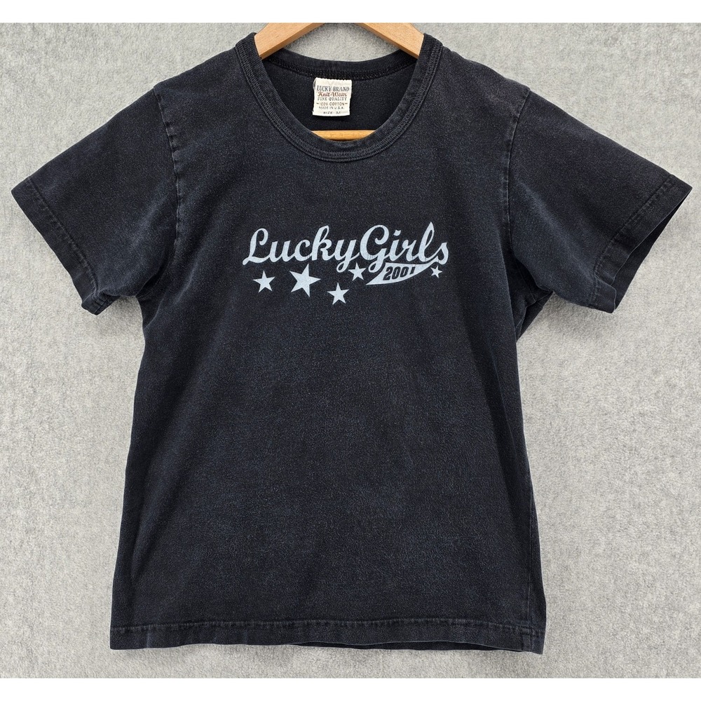 Vtg Lucky‎ Brand "Lucky Girls 2001" T-Shirt Juniors M Navy USA Made Spellout Y2K